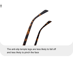 Detail of anti-slip tortoiseshell temples and model code for metal square sunglasses