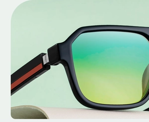 Close-up of square sunglasses with gradient lenses and red stripe temple detail