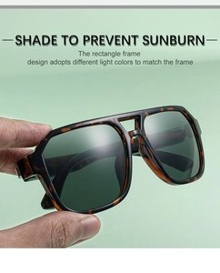 Detail view of square polarized sunglasses with retro tortoiseshell frame and double bridge