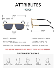 Detailed dimension chart for square metal frame sunglasses with pilot style lenses