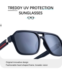 Close-up of black square sunglasses with UV protection and red accent on the temple