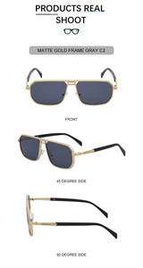 Detailed multi-angle views of matte gold square metal sunglasses with dark gray lenses