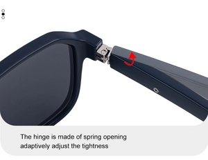 Detail of square polarized sunglasses showing the flexible adaptive spring hinge structure