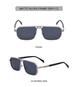 Detail of matte silver metal square sunglasses with gray lenses and double bridge design