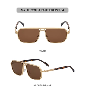 Detailed front and side views of matte gold metal aviator sunglasses with brown lenses