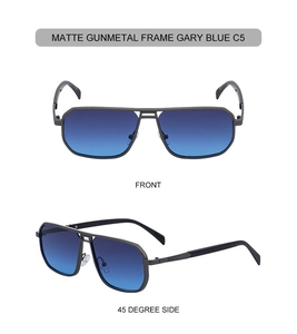 Front and 45-degree side views of matte gunmetal aviator sunglasses with blue gradient lenses