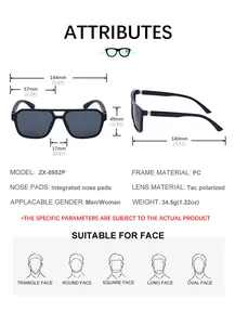 Detailed size chart for square polarized sunglasses with PC frame and dimensions