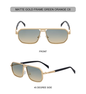 Detail view of matte gold square pilot sunglasses with green orange gradient lenses