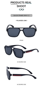 Detail of square polarized sunglasses with sport red-black stripes on temples