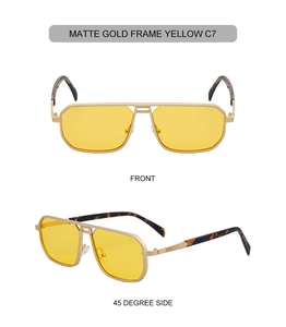 Detail of matte gold aviator sunglasses with yellow lenses and tortoiseshell temples