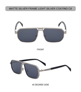 Front and 45-degree side views of matte silver aviator sunglasses with hollow metal frame
