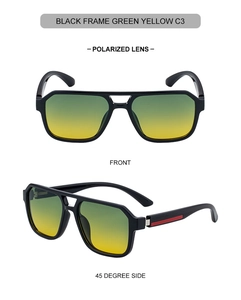 Detail of square polarized sunglasses with double bridge and green yellow gradient lenses