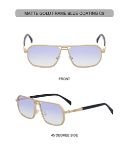 Detail of matte gold square frame sunglasses with blue gradient lenses and hollowed metal