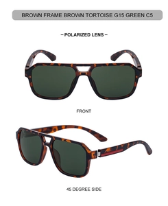 Detail view of square tortoise sunglasses with green polarized lenses and double bridge