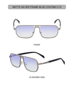 Front and 45-degree side views of square metal aviator sunglasses with blue gradient lenses