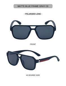 Macro detail of matte blue polarized sunglasses with stylish red and silver temple stripes