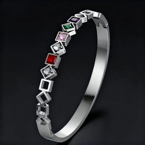 Geometric Bangle Stainless Steel Colorful Square Gemstone Marquise Cut Fashion Jewelry For Women Non Fading Gold Plated