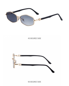 Vues détaillées de lunettes de soleil hexagonales avec monture dorée et verres dégradés