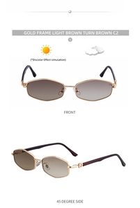 Détail de lunettes de soleil dorées géométriques avec verres photochromiques bruns
