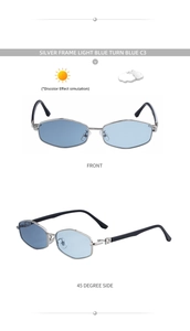 Détails de lunettes de soleil polygonales argentées avec verres photochromiques bleu clair
