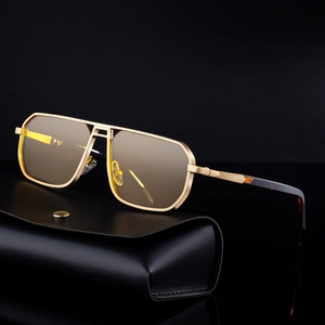 Fashionable square metal frame sunglasses for men with yellow lenses and leather case