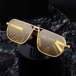 Men's square metal aviator sunglasses with gold frame and vintage yellow lenses