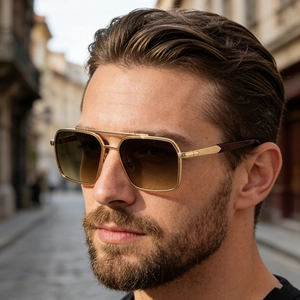 Detail of square gold metal frame sunglasses with double bridge and gradient lenses