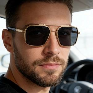 Close-up of men's square sunglasses with double-bridge gold frame and grey lenses in a car