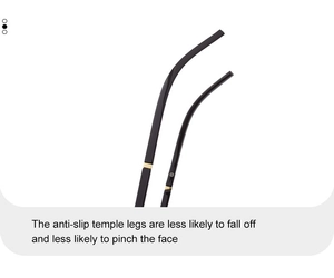 Detail of ergonomic black temple arms with gold accents and anti-slip eyewear design