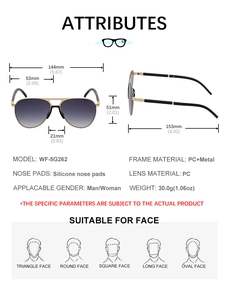 Detailed view of pilot sunglasses with metal frame dimensions and specifications