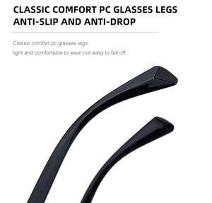 Detail of high-gloss black PC temple tips with anti-slip curved design for sunglasses
