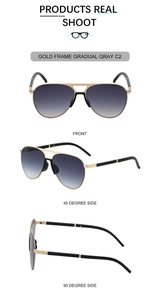 Detail view showing front and side profiles of gold pilot sunglasses with gray gradient lenses