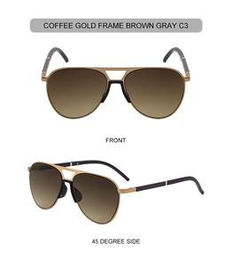 Front and side view of pilot sunglasses with coffee gold metal frame and brown gray lenses