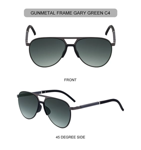 Detail of gunmetal aviator sunglasses featuring a double-bridge frame and green lenses