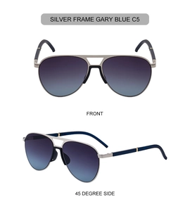 Front and side view of silver aviator sunglasses with blue gradient lenses and metal frame