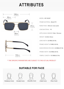 Detailed dimension guide for square metal frame sunglasses with model specifications