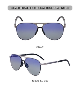 Detail view of silver aviator sunglasses with light grey blue lenses from multiple angles