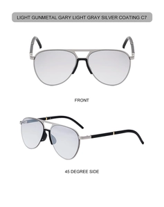 Detail of light gunmetal aviator sunglasses with silver coated lenses and double bridge frame