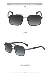 Detail view of gunmetal square sunglasses with gray green gradient lenses and metal frame