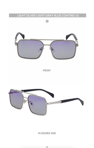 Front and 45-degree angle views of square double bridge sunglasses in light silver