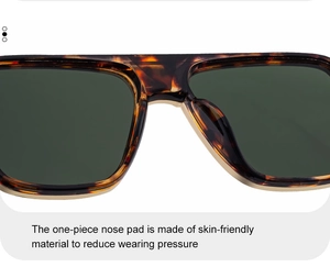 Close-up of comfortable one-piece nose pads on tortoise shell frame sunglasses