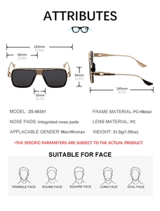 Detailed size dimensions and technical specs of retro square metal temple sunglasses