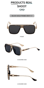 Detailed views of square metal sunglasses with black gold frames and gray lenses