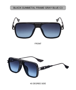 Front and side view of square aviator sunglasses with gunmetal frame and grey gradient lenses
