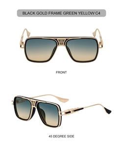 Detail of square black-gold sunglasses with double bridge and green-yellow gradient lenses