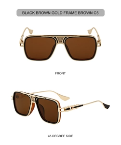 Macro detail of square frame sunglasses with metal temples and brown lenses