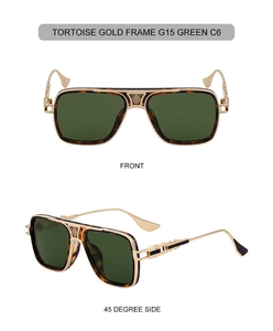 Detail of square pilot sunglasses with tortoise gold metal frame and G15 green lenses