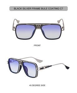 Detail view of square frame sunglasses with metal temples and blue gradient lenses