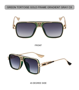 Detail view of square green tortoise sunglasses with gold metal hollow frame and gradient lenses