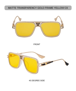Detail of retro square aviator sunglasses with yellow lenses and gold metal frames